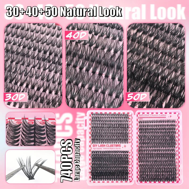 740/200pcsCluster Eyelash Extension Kit, 2-in-1 Lash Bond, Tweezers, Lash Remover, 30D+40D+50D 9-16mm Mix Clusters for Beginner