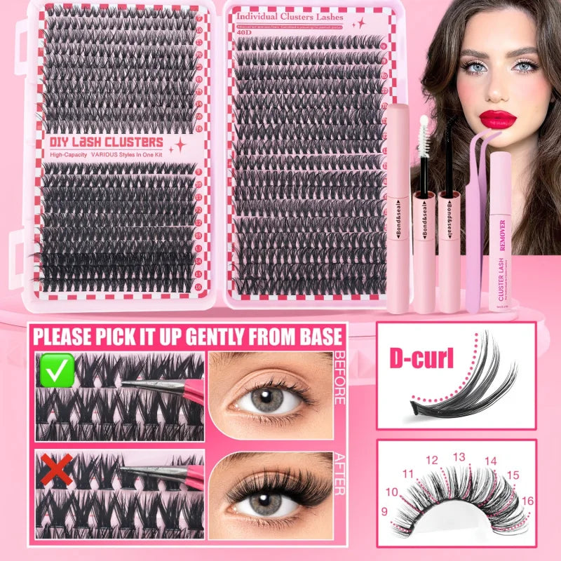 740/200pcsCluster Eyelash Extension Kit, 2-in-1 Lash Bond, Tweezers, Lash Remover, 30D+40D+50D 9-16mm Mix Clusters for Beginner