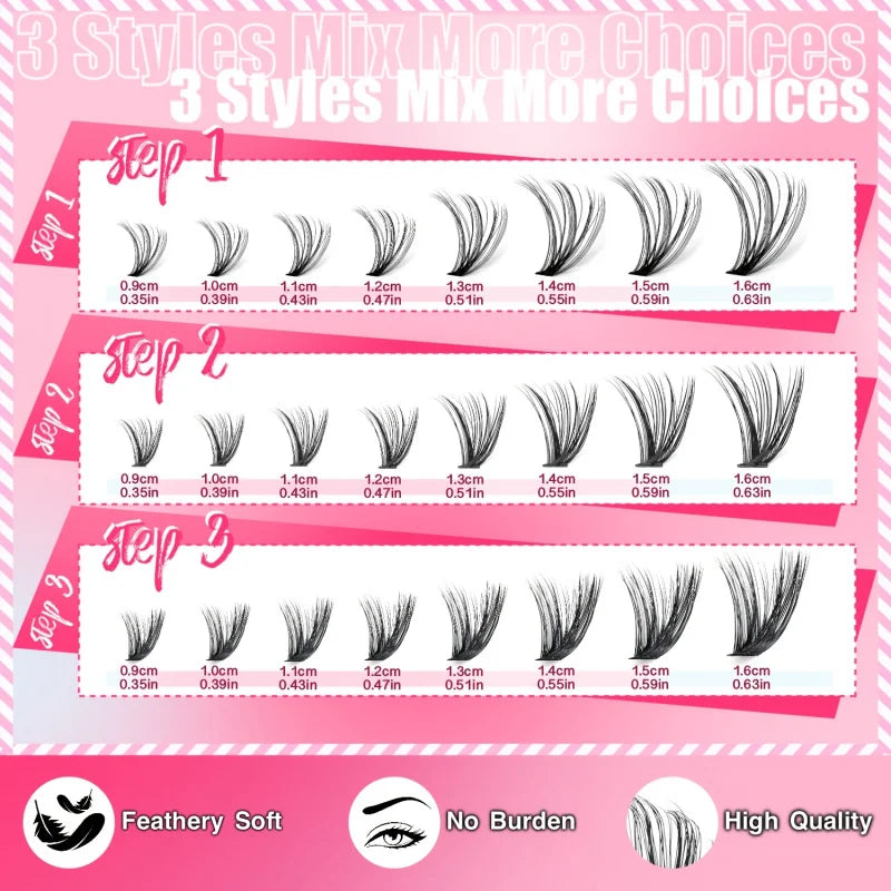 740/200pcsCluster Eyelash Extension Kit, 2-in-1 Lash Bond, Tweezers, Lash Remover, 30D+40D+50D 9-16mm Mix Clusters for Beginner