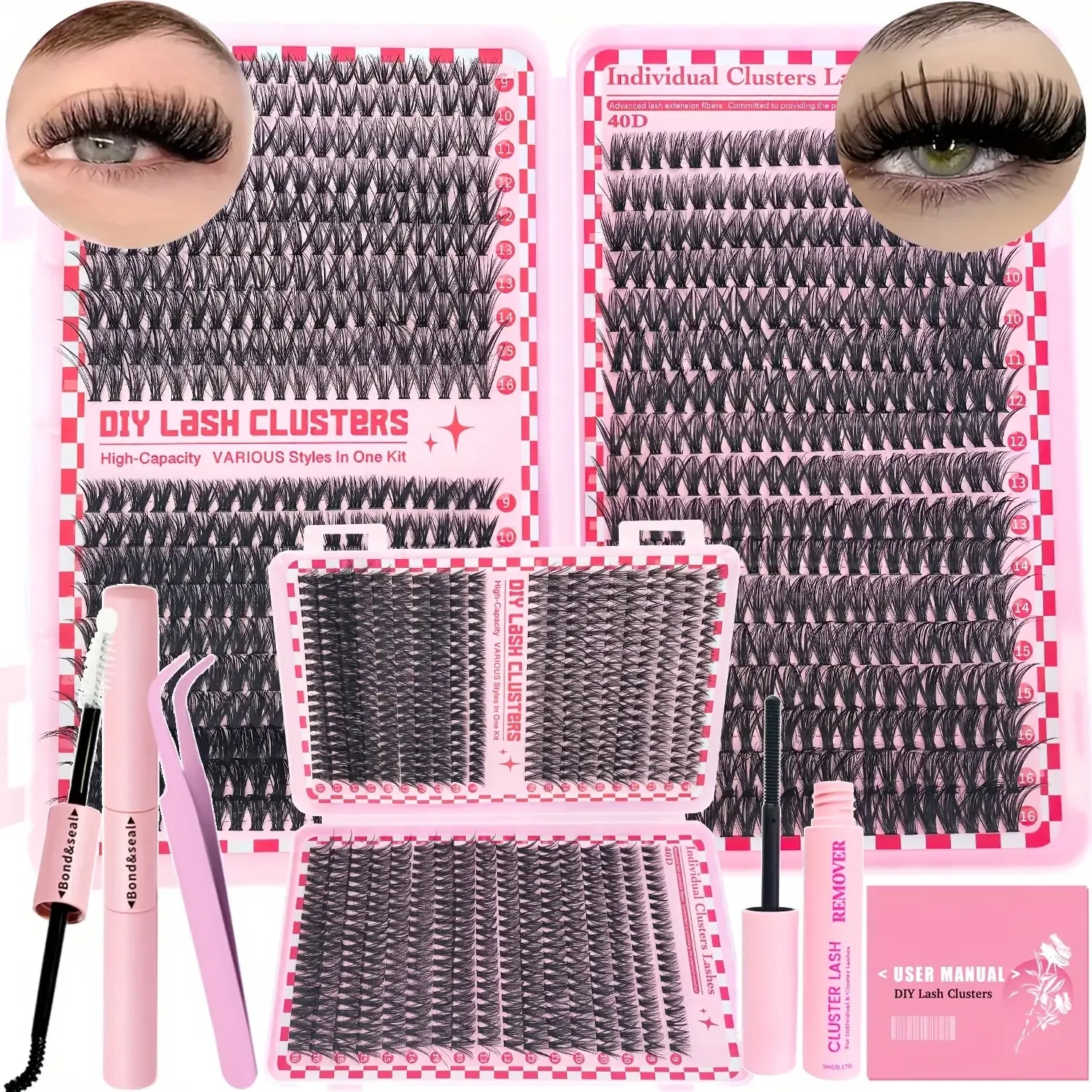 740/200pcsCluster Eyelash Extension Kit, 2-in-1 Lash Bond, Tweezers, Lash Remover, 30D+40D+50D 9-16mm Mix Clusters for Beginner
