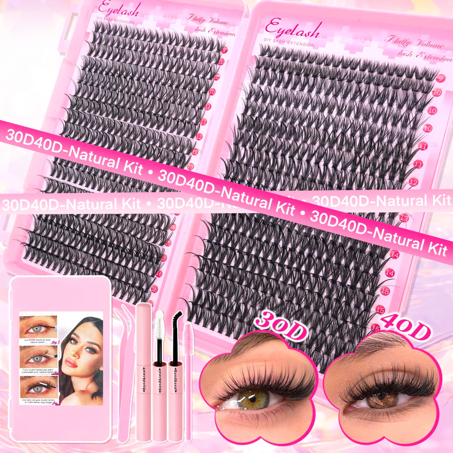 DIY Lash Extension Kit Clusters Individual Eyelashes Kit 9-16mm with Bond and Seal Wispy Natural Mange Lashes