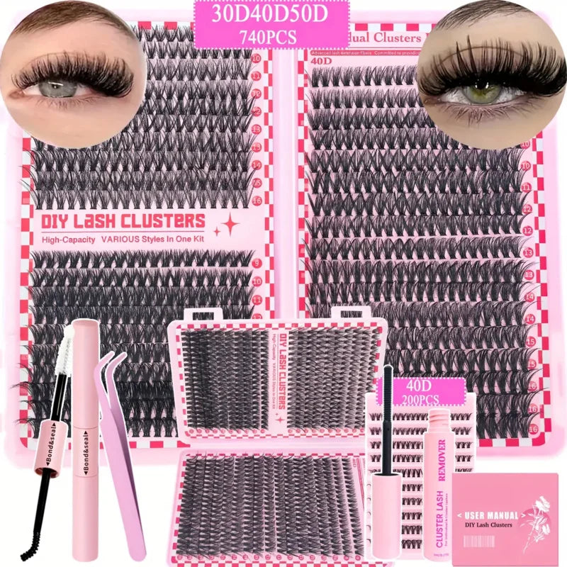 740/200pcsCluster Eyelash Extension Kit, 2-in-1 Lash Bond, Tweezers, Lash Remover, 30D+40D+50D 9-16mm Mix Clusters for Beginner