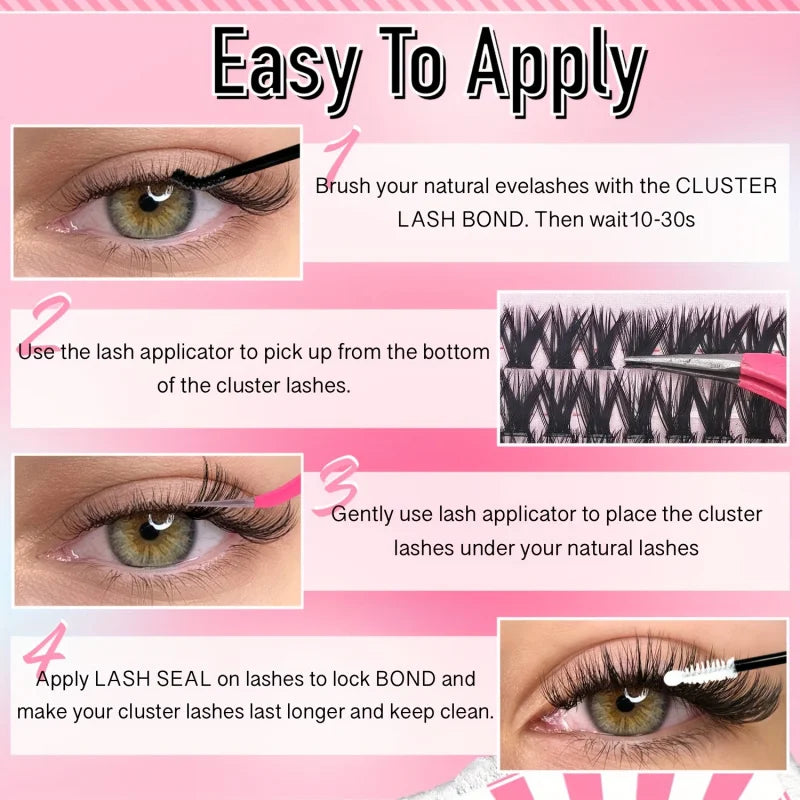 740/200pcsCluster Eyelash Extension Kit, 2-in-1 Lash Bond, Tweezers, Lash Remover, 30D+40D+50D 9-16mm Mix Clusters for Beginner