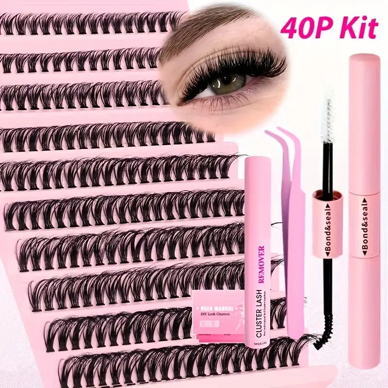 740/200pcsCluster Eyelash Extension Kit, 2-in-1 Lash Bond, Tweezers, Lash Remover, 30D+40D+50D 9-16mm Mix Clusters for Beginner